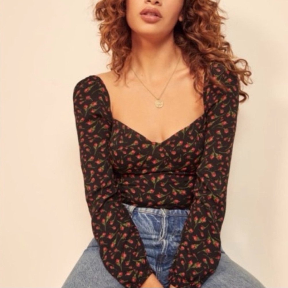 Reformation Dark Floral Sweetheart Blouse